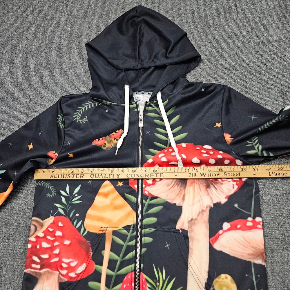 Mushroom Print Hoodie Womens Medium Black Multicolor Full Zip Cottagecore Y2K - Picture 5 of 7